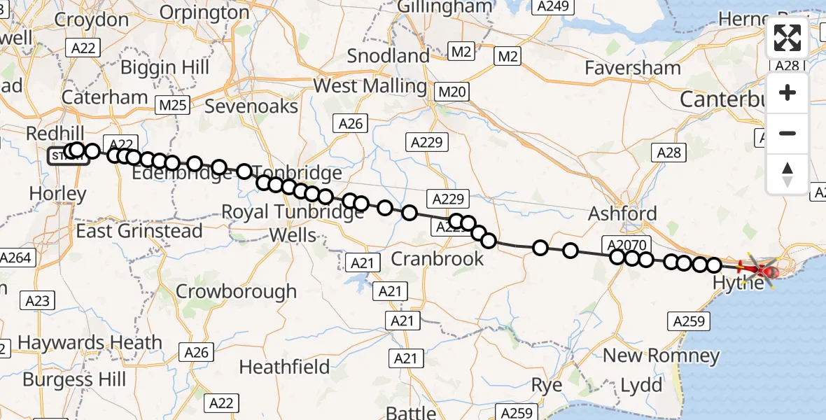 Flight path map showing Air Ambulance Helicopter route from Redhill Aerodrome to Seabrook