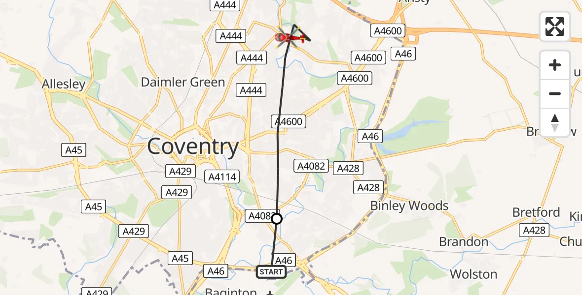 Flight path map showing Air Ambulance Helicopter route from Coventry Airport to Coventry