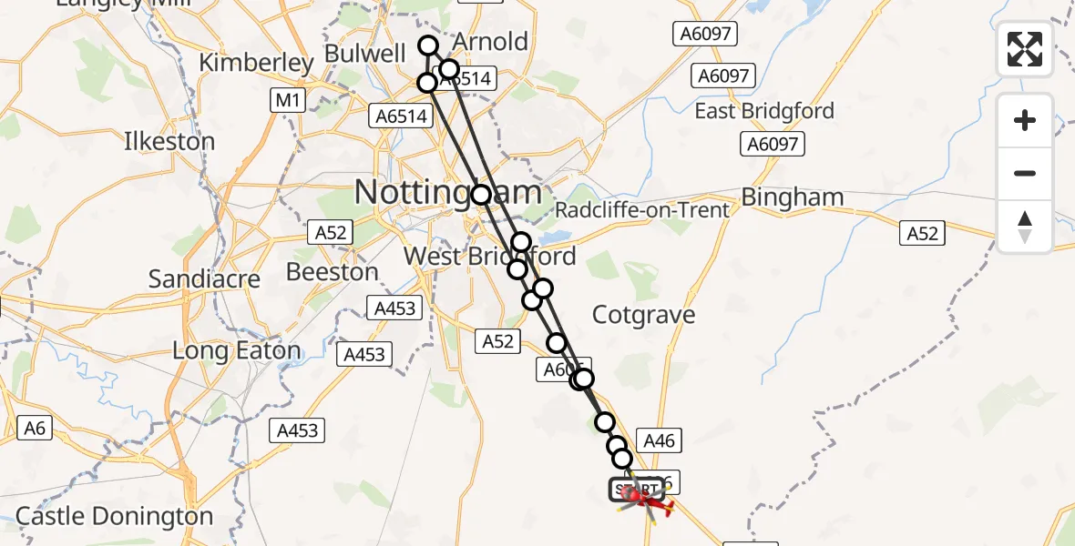 Flight path map showing Air Ambulance Helicopter route from Widmerpool to Widmerpool