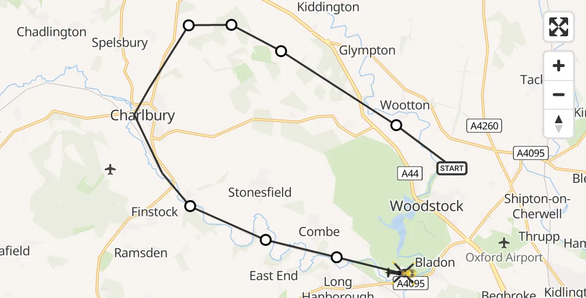 Flight path map showing Police Helicopter route from Wootton to West Oxfordshire