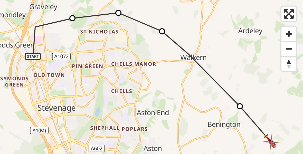 Flight path map showing Air Ambulance Helicopter route from Stevenage to East Hertfordshire