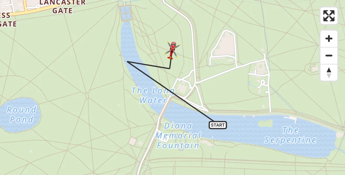 Flight path map showing Air Ambulance Helicopter route from City of Westminster to City of Westminster
