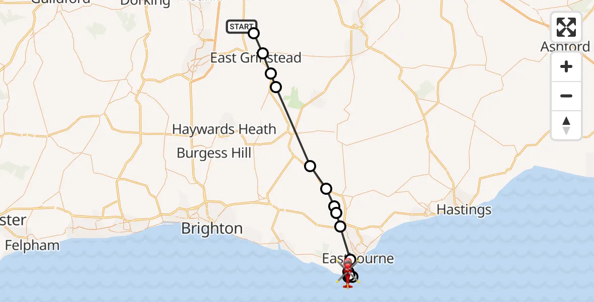 Flight path map showing Air Ambulance Helicopter route from Blindley Heath to Eastbourne