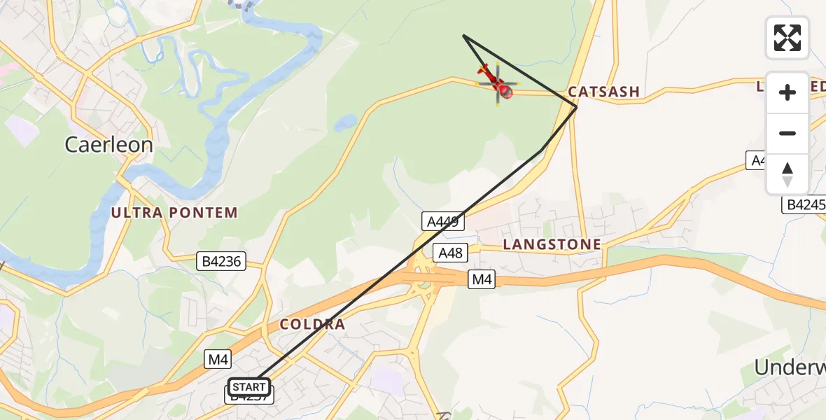 Flight path map showing Air Ambulance Helicopter route from Newport to Newport
