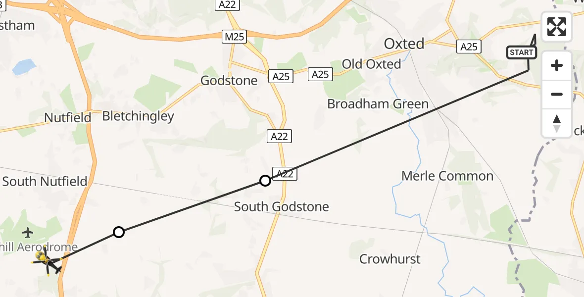 Flight path map showing Police Helicopter route from Tandridge to Tandridge