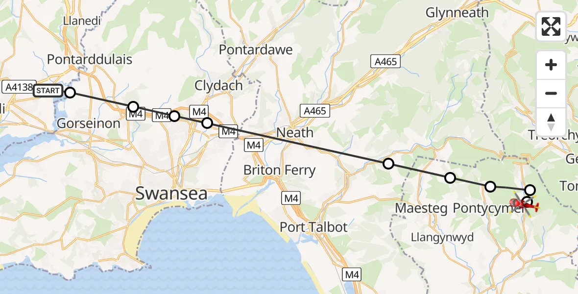 Flight path map showing Air Ambulance Helicopter route from Llangennech to Ogmore Vale
