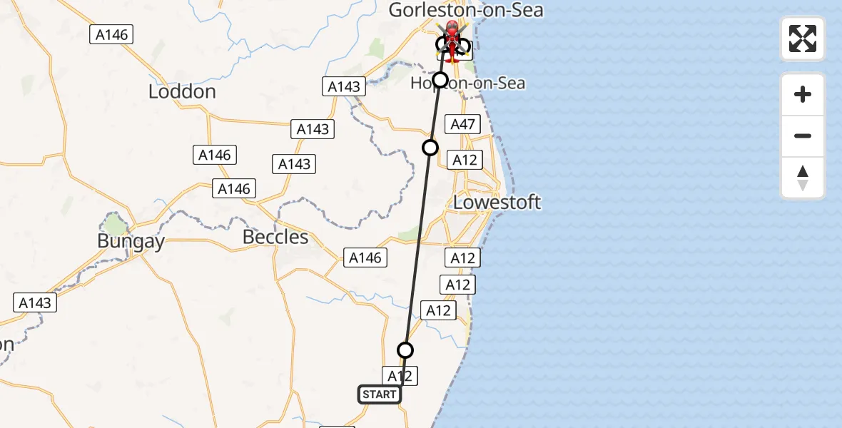 Flight path map showing Air Ambulance Helicopter route from Wrentham to James Paget Hospital