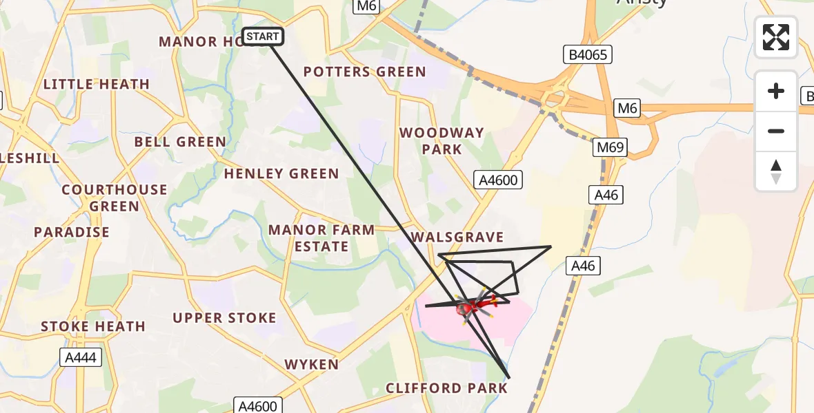 Flight path map showing Air Ambulance Helicopter route from Coventry to Coventry
