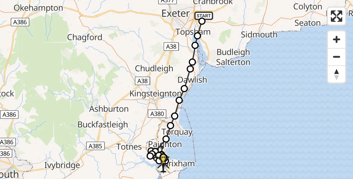 Flight path map showing Police Helicopter route from Clyst Honiton to South Hams