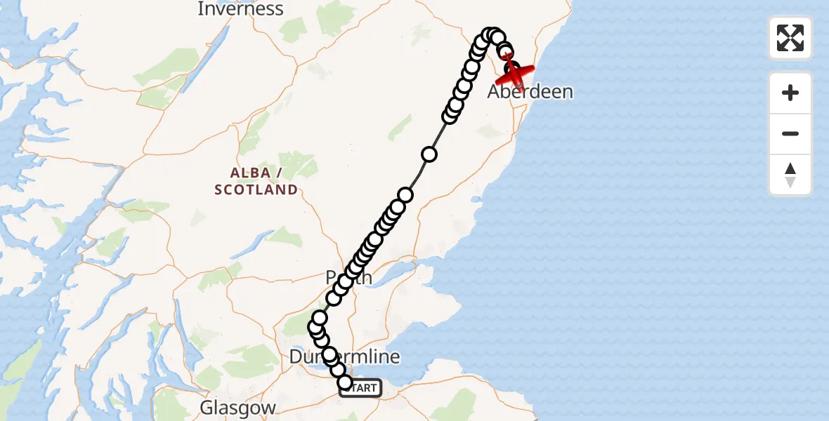 Flight path map showing Air Ambulance Aircraft route from Edinburgh Airport to Aberdeen City