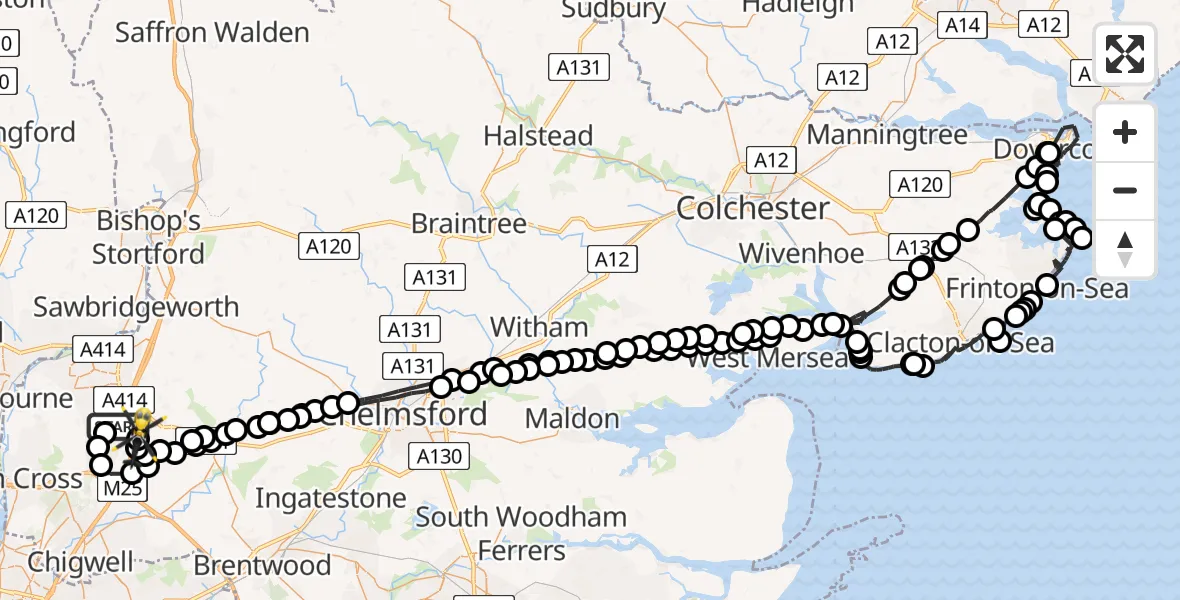 Flight path map showing Police Helicopter route from North Weald Bassett to North Weald Airfield