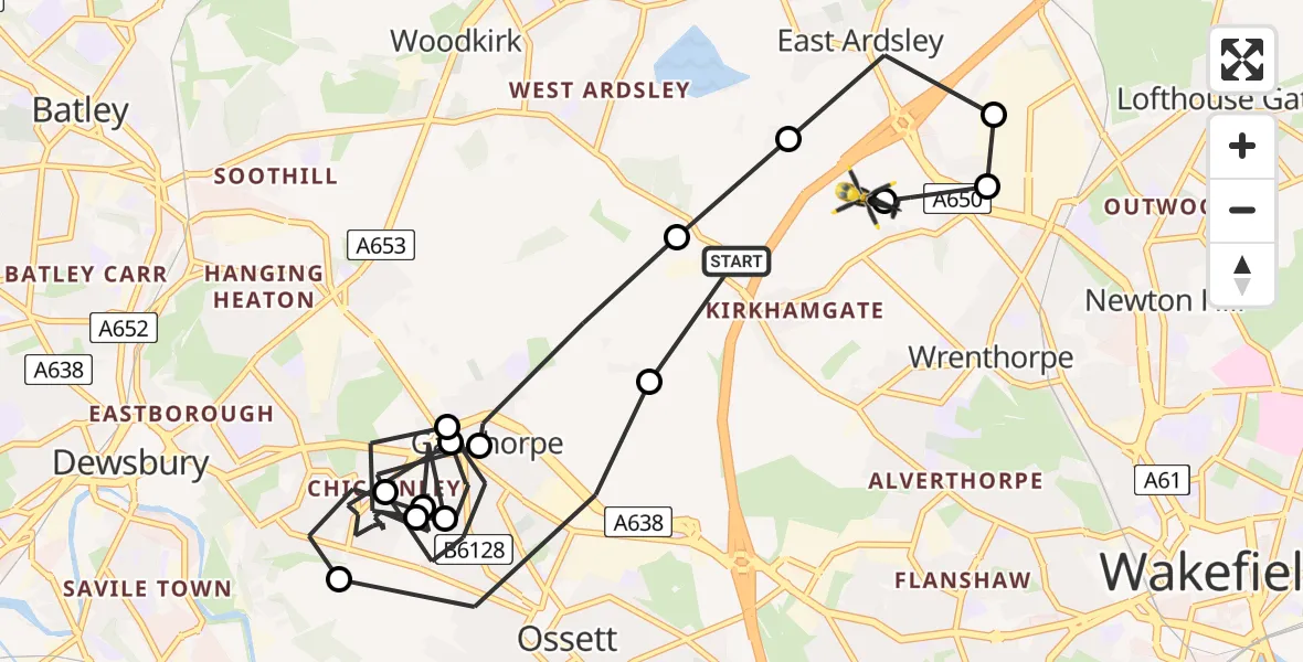 Flight path map showing Police Helicopter route from East Ardsley to East Ardsley