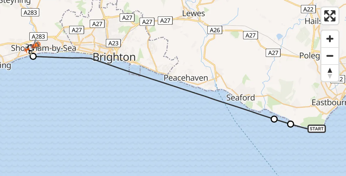 Flight path map showing Coastguard Helicopter route from Eastbourne to Brighton City Airport