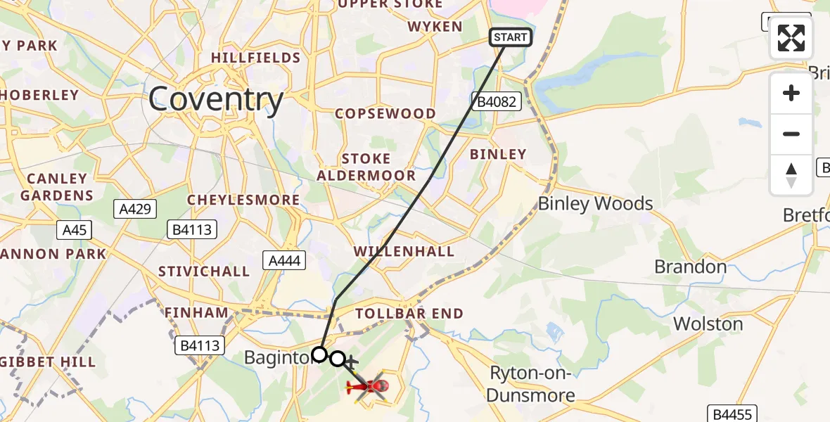 Flight path map showing Air Ambulance Helicopter route from Coventry to Coventry Airport