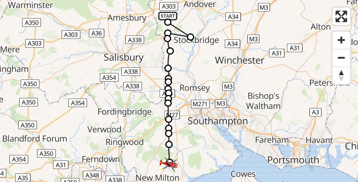 Flight path map showing Air Ambulance Helicopter route from Grateley to Sway