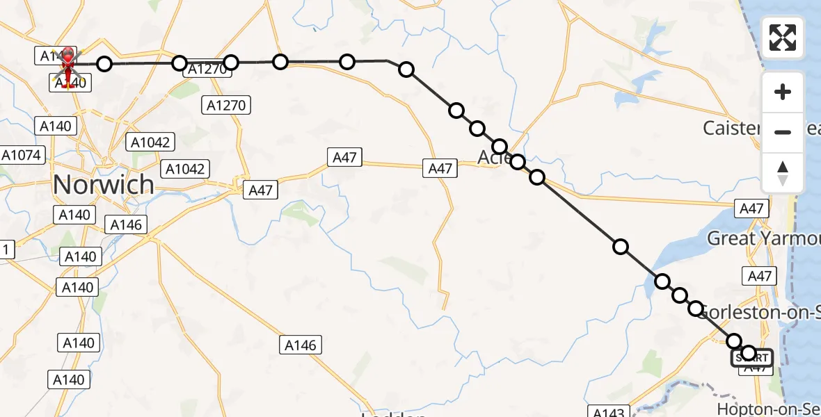 Flight path map showing Air Ambulance Helicopter route from James Paget Hospital to Norwich Airport