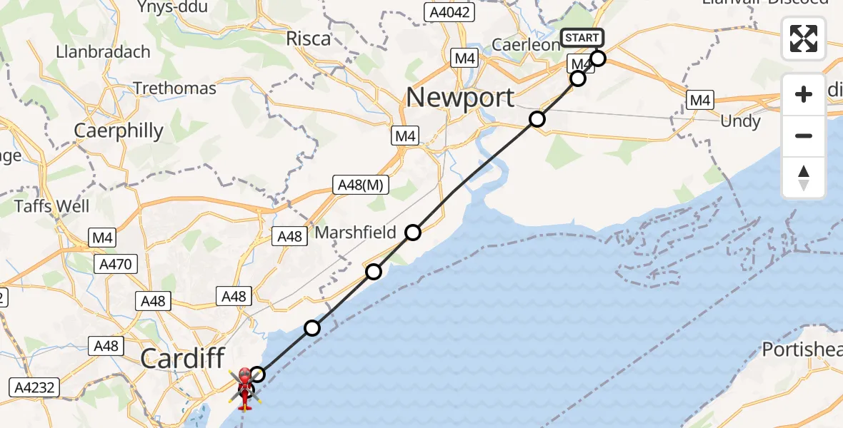 Flight path map showing Air Ambulance Helicopter route from Newport to Cardiff Heliport