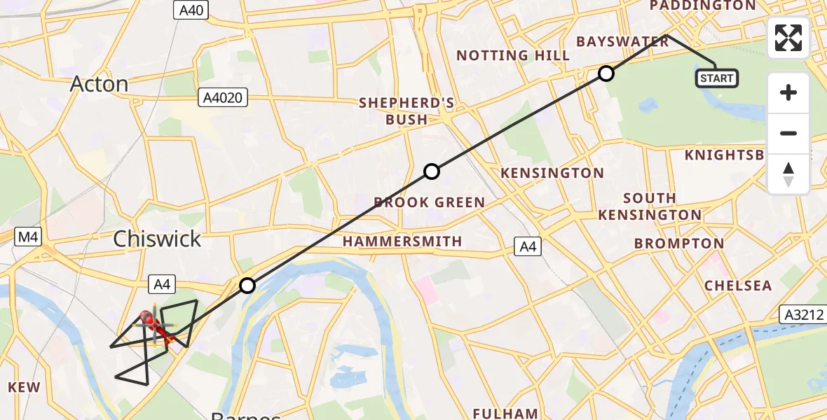 Flight path map showing Air Ambulance Helicopter route from City of Westminster to London Borough of Hounslow