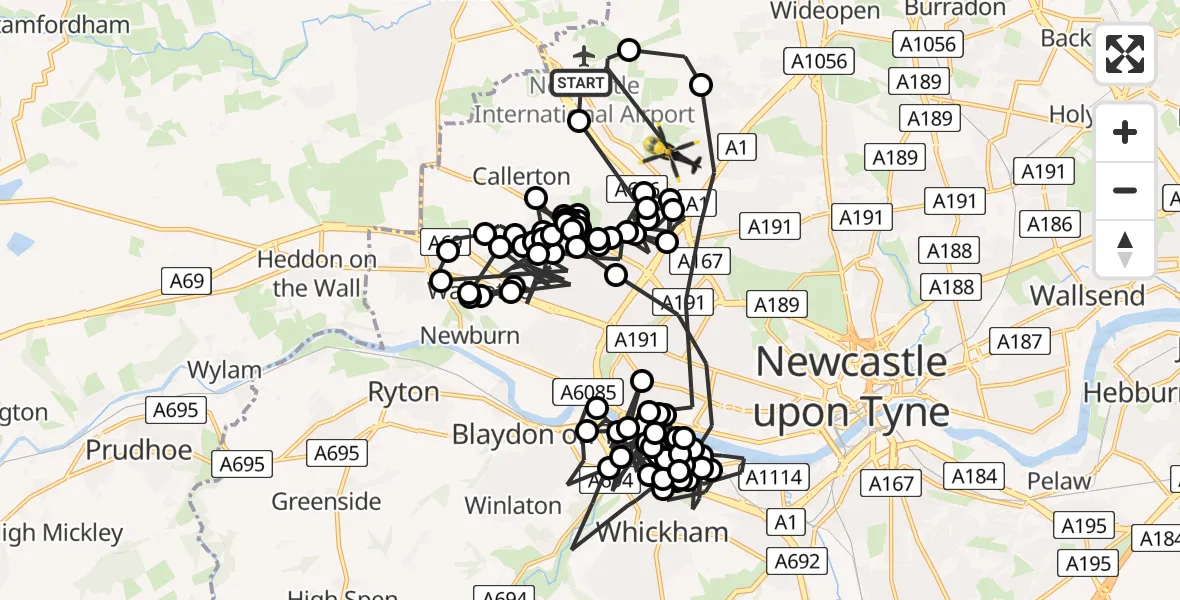 Flight path map showing Police Helicopter route from Newcastle International Airport to Newcastle upon Tyne
