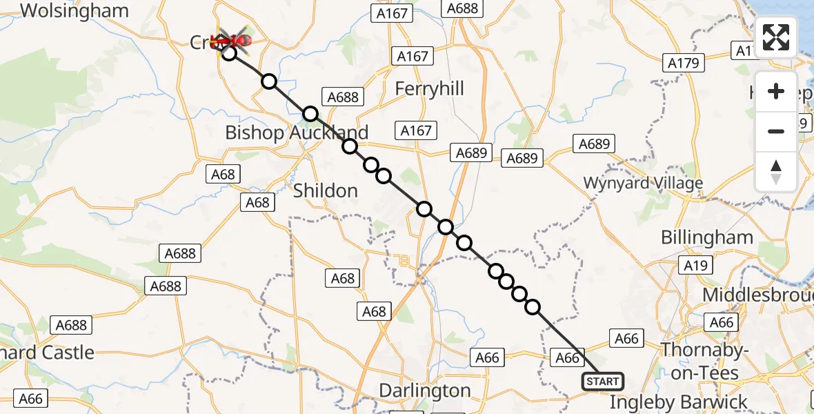 Flight path map showing Air Ambulance Helicopter route from Longnewton to Crook