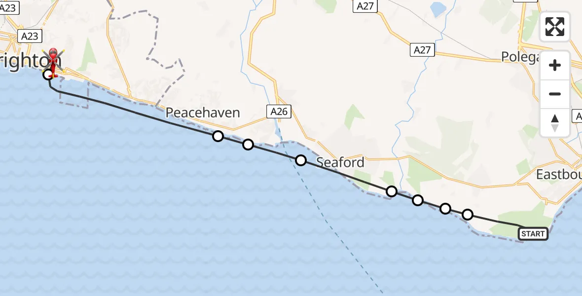 Flight path map showing Air Ambulance Helicopter route from Eastbourne to Brighton