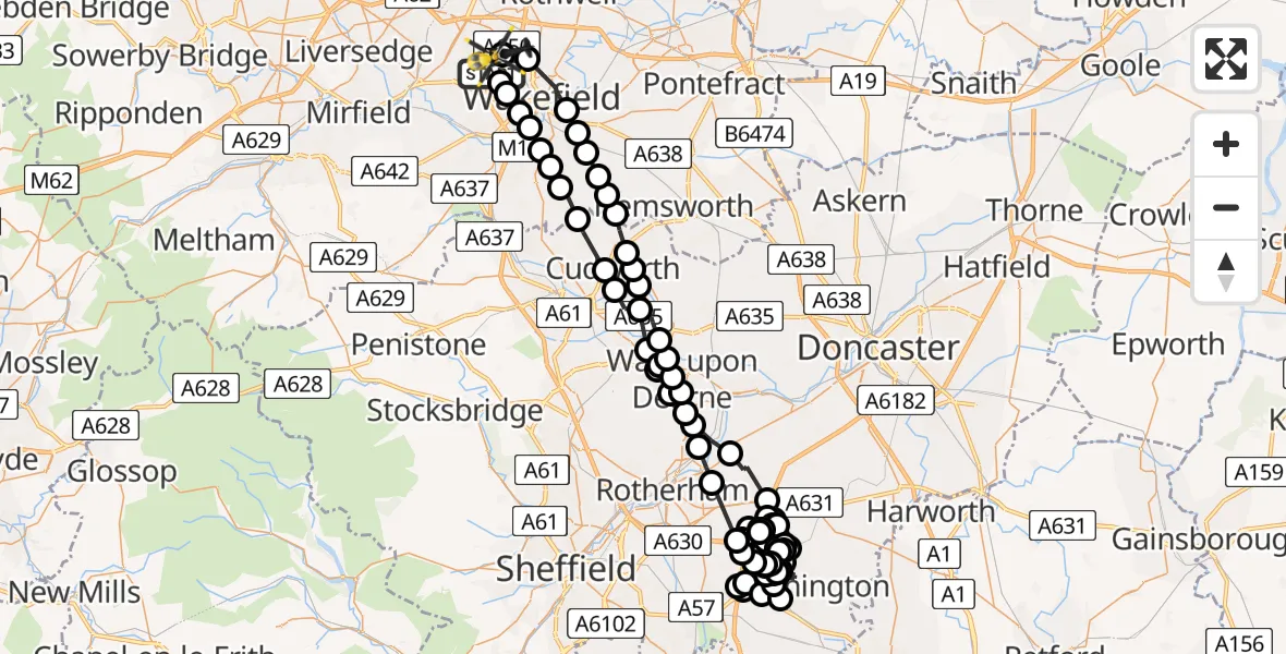 Flight path map showing Police Helicopter route from Ossett to East Ardsley
