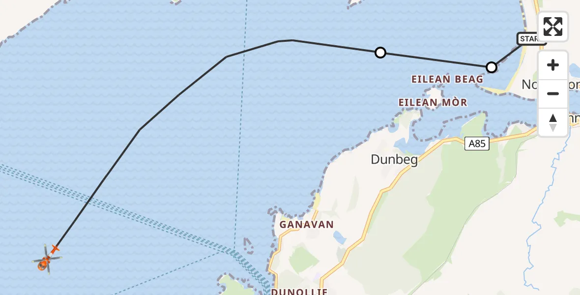 Flight path map showing Coastguard Helicopter route from Oban Airport to Inner Seas