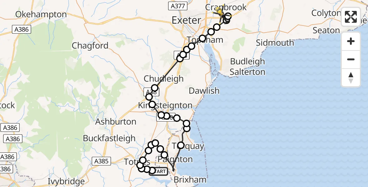Flight path map showing Police Helicopter route from Stoke Gabriel to Exeter International Airport