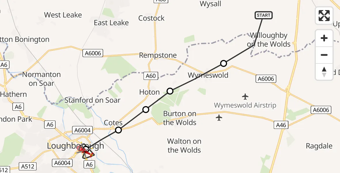 Flight path map showing Air Ambulance Helicopter route from Willoughby on the Wolds to Loughborough
