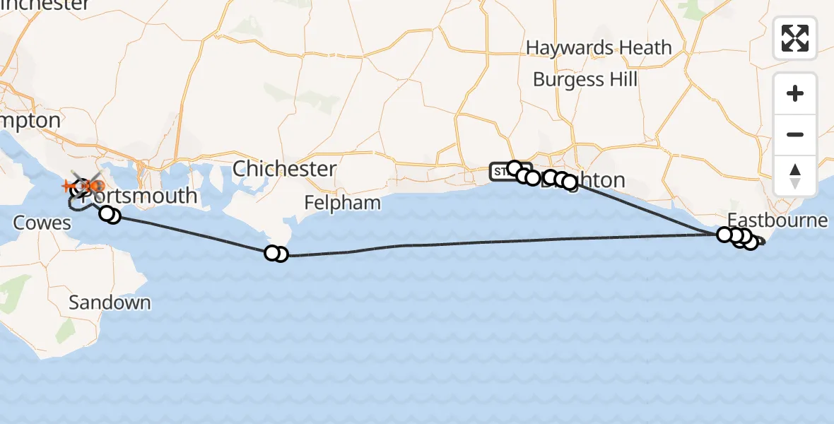 Flight path map showing Coastguard Helicopter route from Brighton City Airport to Solent Airport