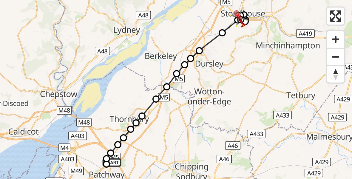 Flight path map showing Air Ambulance Helicopter route from Almondsbury Helicopter Base to Leonard Stanley