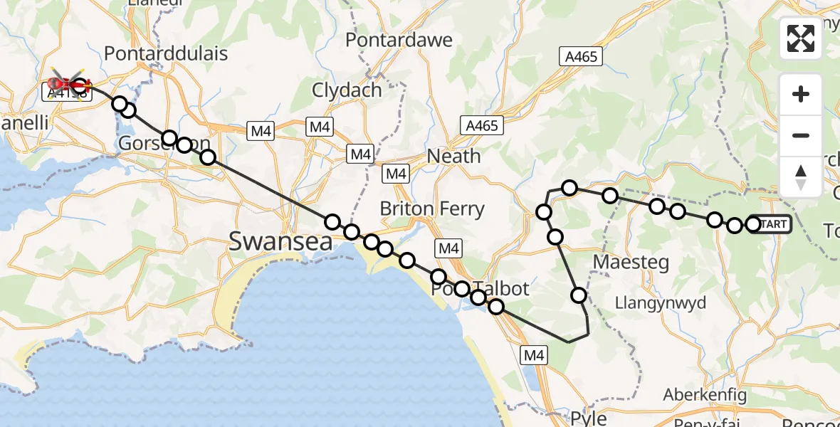 Flight path map showing Air Ambulance Helicopter route from Nant-y-moel to Dafen
