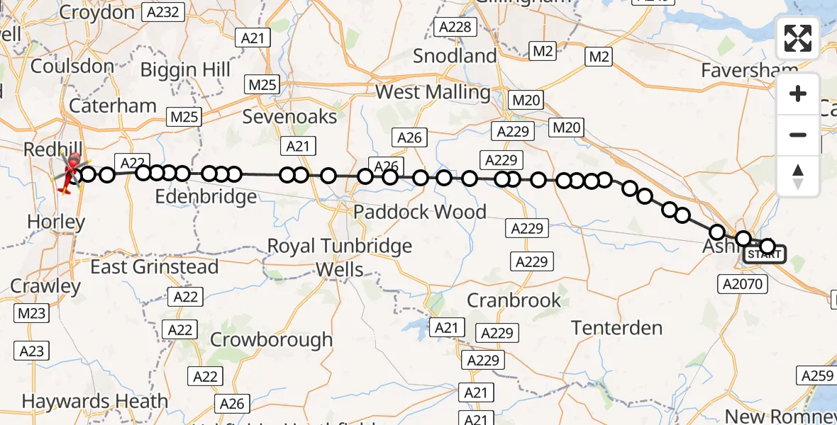 Flight path map showing Air Ambulance Helicopter route from Sevington to Redhill Aerodrome