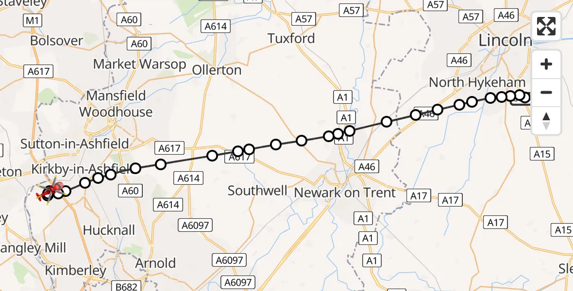 Flight path map showing Air Ambulance Helicopter route from RAF Waddington to Selston CP