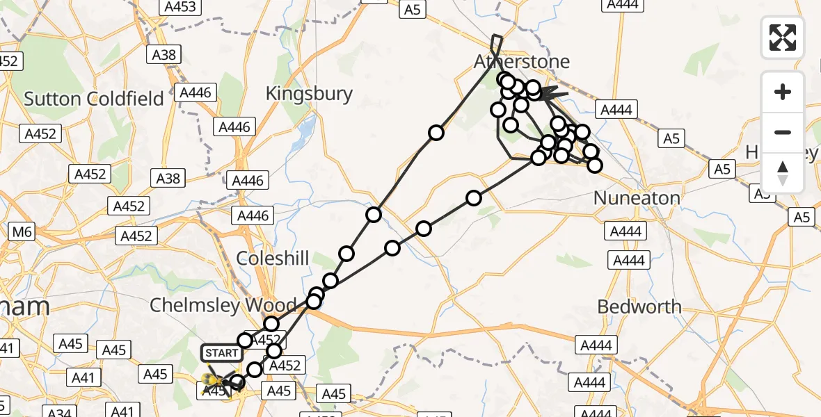 Flight route Police Helicopter Birmingham Airport - Birmingham Airport, 26 March 2026, 16:59