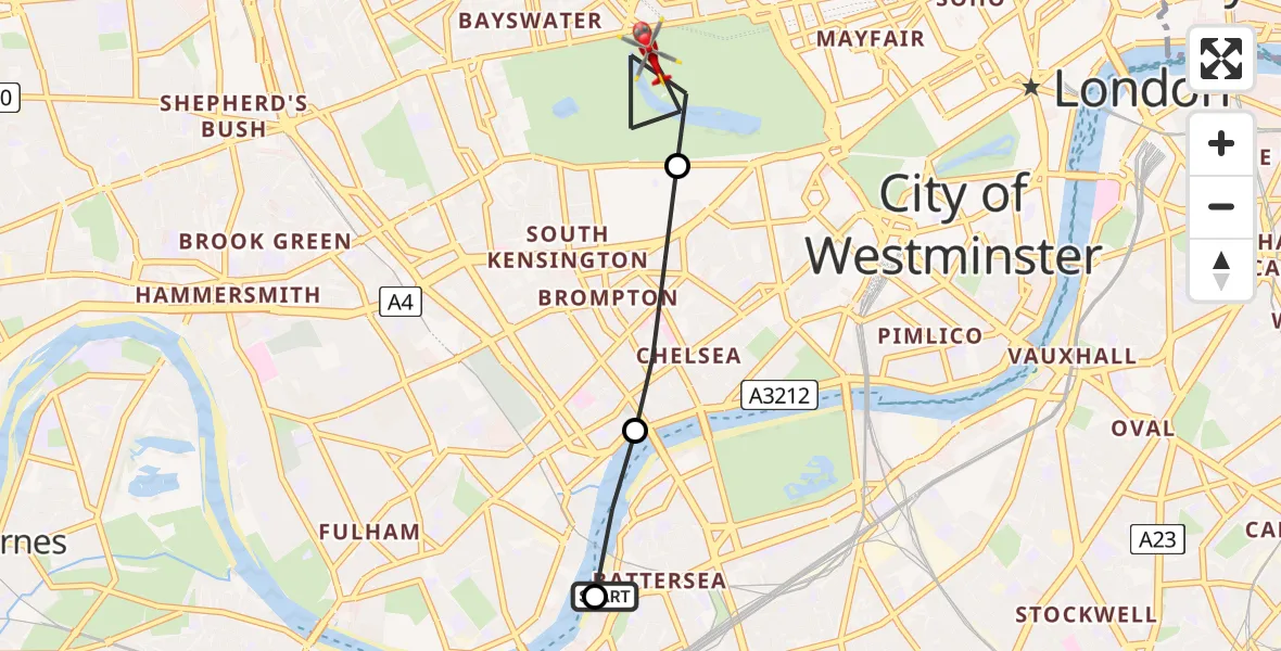 Flight path map showing Air Ambulance Helicopter route from London Heliport to City of Westminster