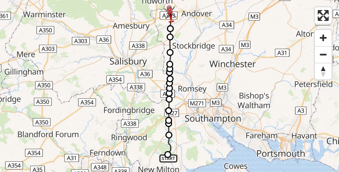 Flight path map showing Air Ambulance Helicopter route from Sway to Thruxton Aerodrome