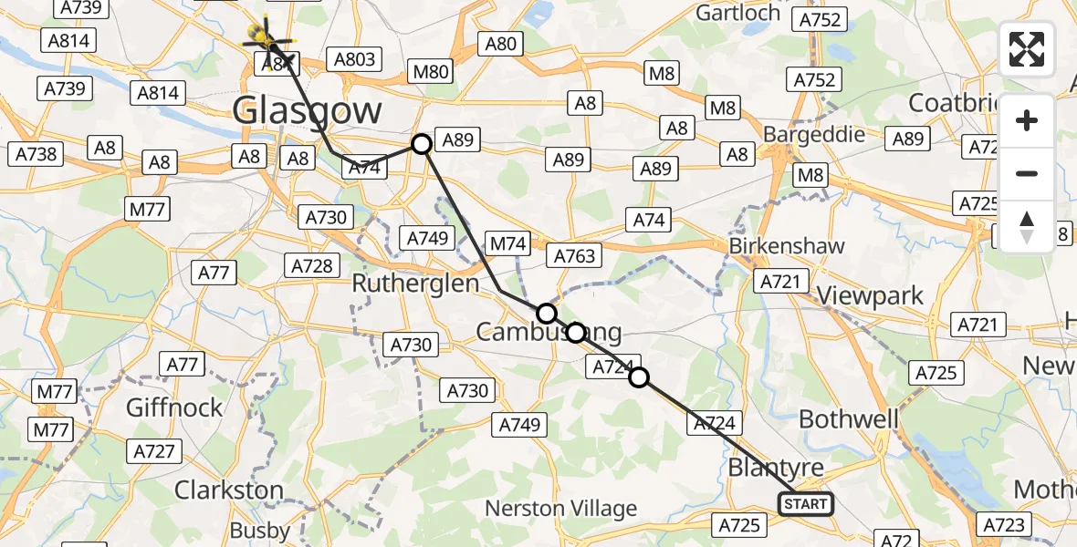 Flight path map showing Police Helicopter route from Blantyre to Glasgow