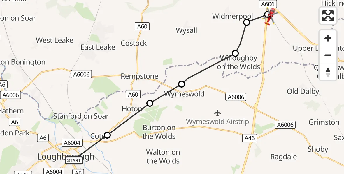 Flight path map showing Air Ambulance Helicopter route from Loughborough to Rushcliffe