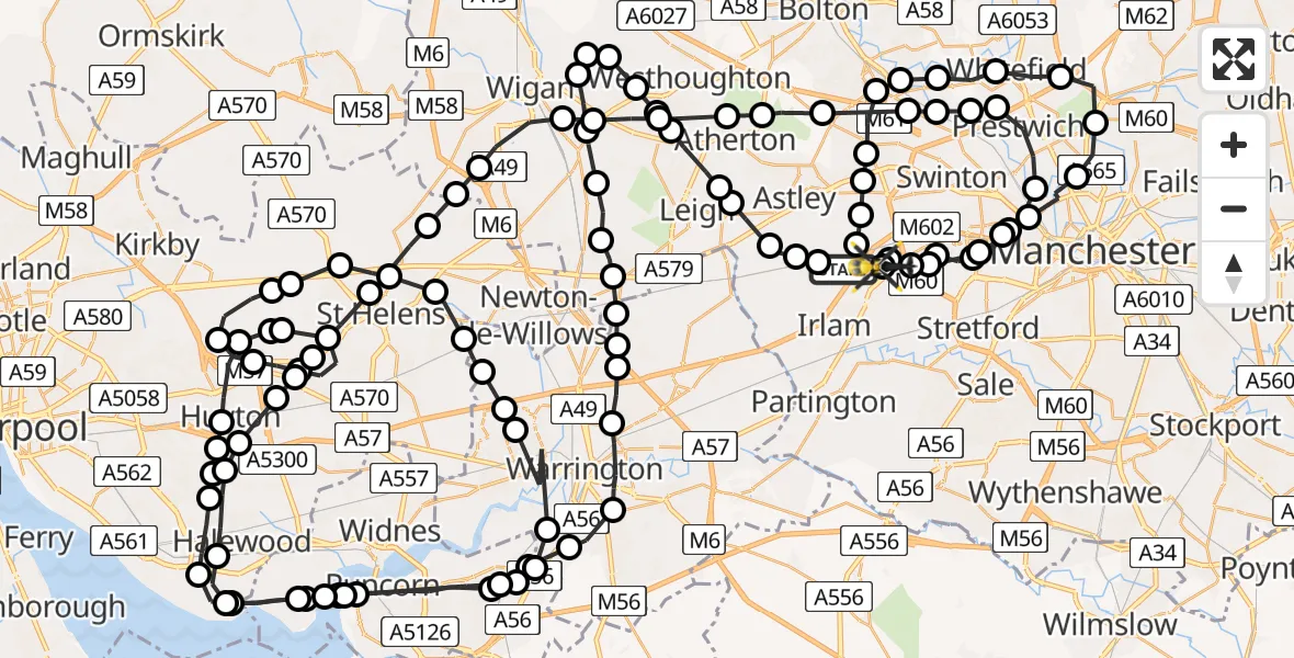 Flight path map showing Police Helicopter route from Worsley to Manchester Barton Aerodrome