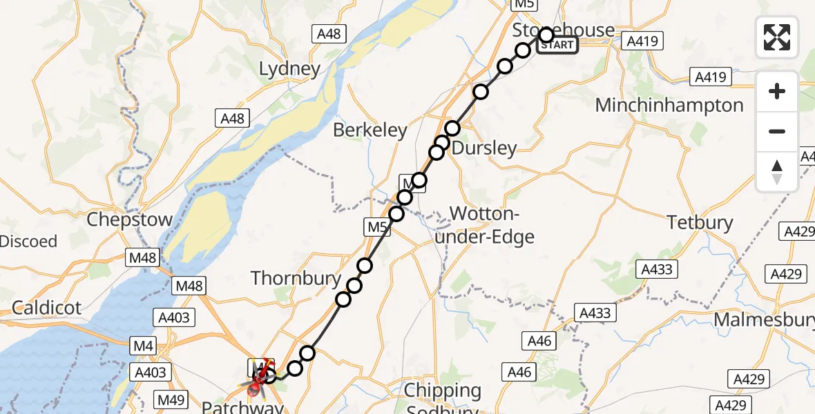 Flight path map showing Air Ambulance Helicopter route from Leonard Stanley to Almondsbury Helicopter Base