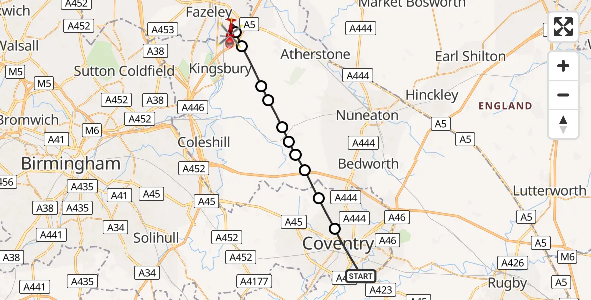 Flight path map showing Air Ambulance Helicopter route from Coventry to Tamworth