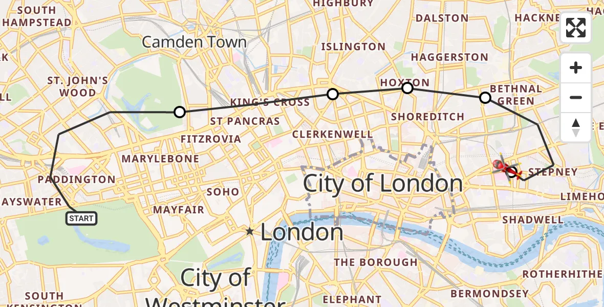 Flight path map showing Air Ambulance Helicopter route from City of Westminster to Royal London Hospital