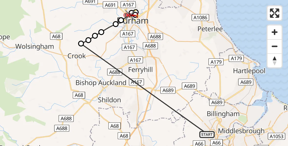 Flight path map showing Air Ambulance Helicopter route from Stockton-on-Tees to Pity Me