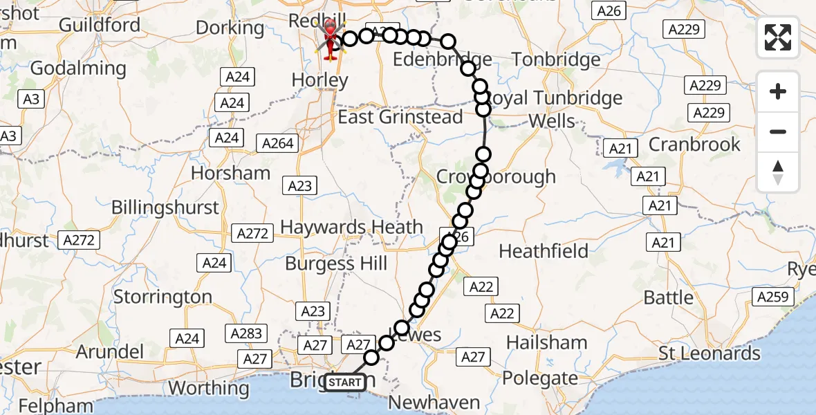 Flight path map showing Air Ambulance Helicopter route from Brighton to Redhill Aerodrome