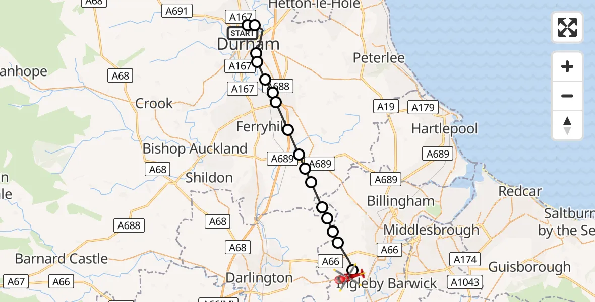 Flight path map showing Air Ambulance Helicopter route from Durham to Egglescliffe