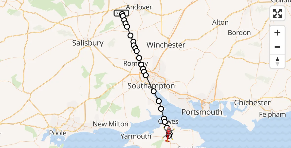 Flight path map showing Air Ambulance Helicopter route from Grateley to St Marys Hospital Isle Of Wight
