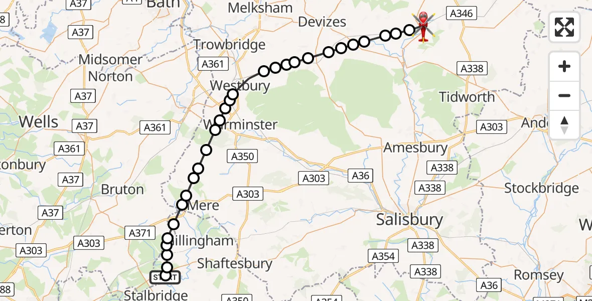 Flight path map showing Air Ambulance Helicopter route from Henstridge Airfield to Pewsey