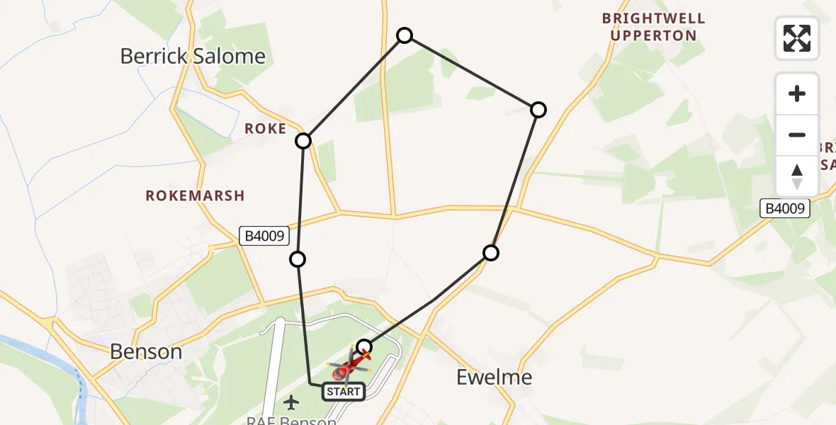 Flight path map showing Air Ambulance Helicopter route from RAF Benson to RAF Benson