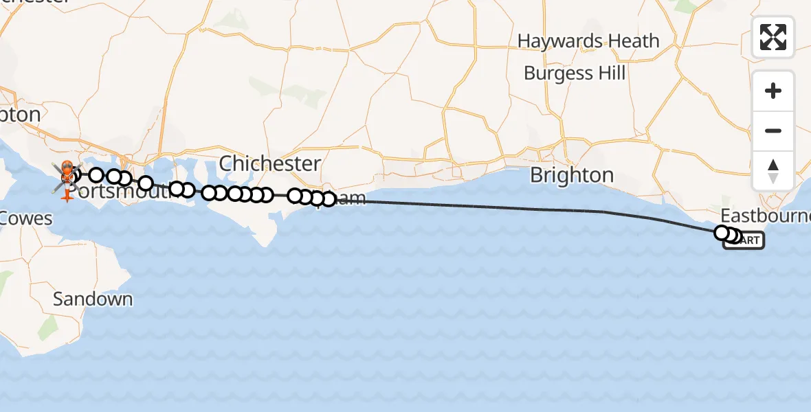 Flight path map showing Coastguard Helicopter route from Eastbourne to Solent Airport